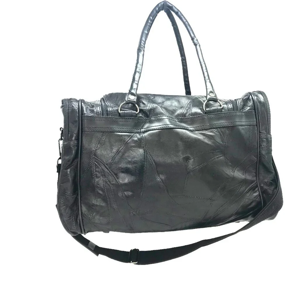Black Leather Duffle Bag Compartments Plastic Lined Gym Travel